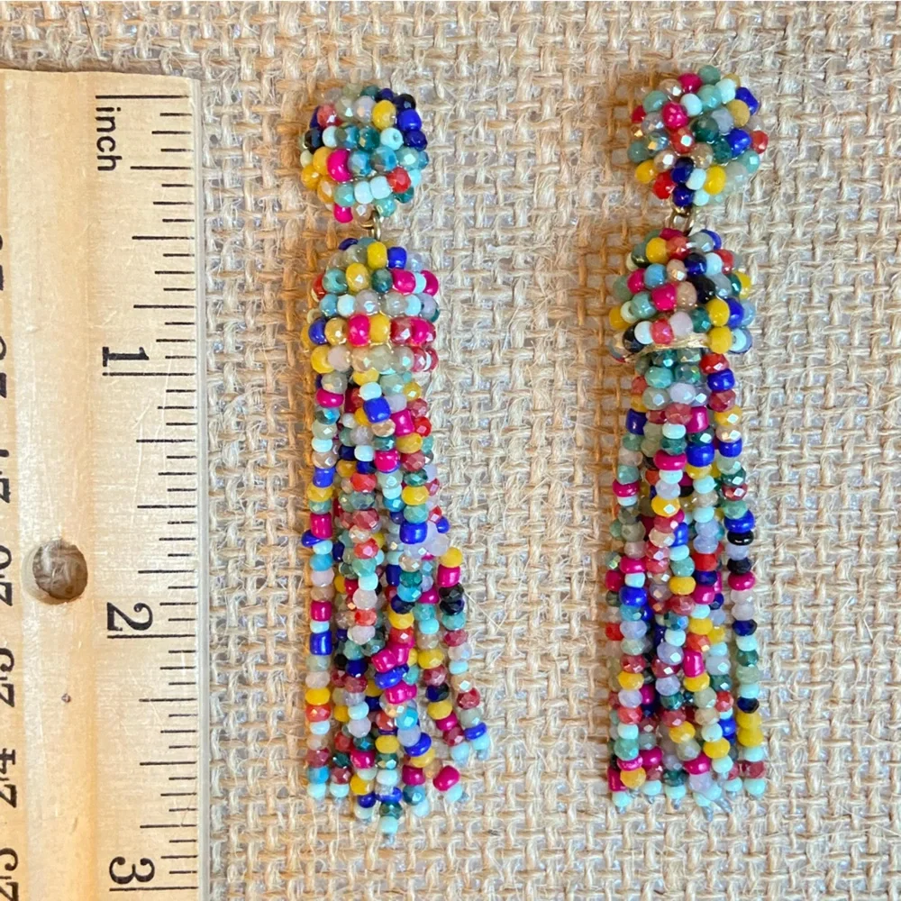 Seed bead tassel earrings pierced post and dangle sparkly and multi color